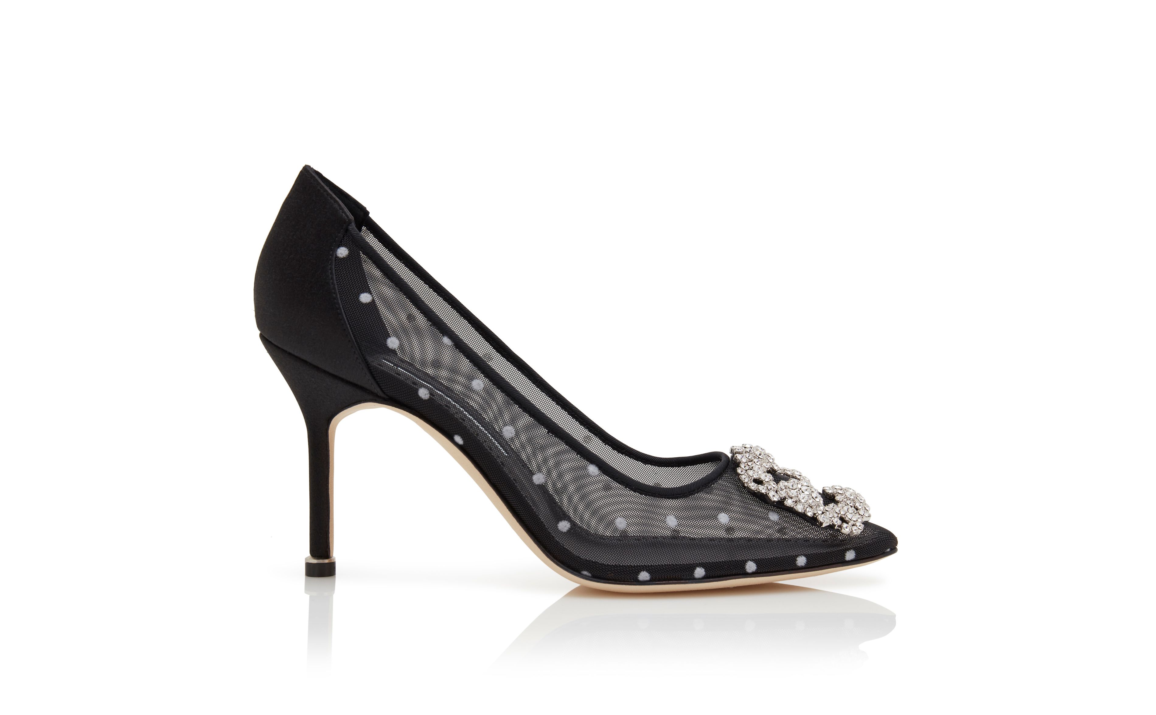 Designer Black and White Mesh Jewel Buckle Pumps - Image Side View