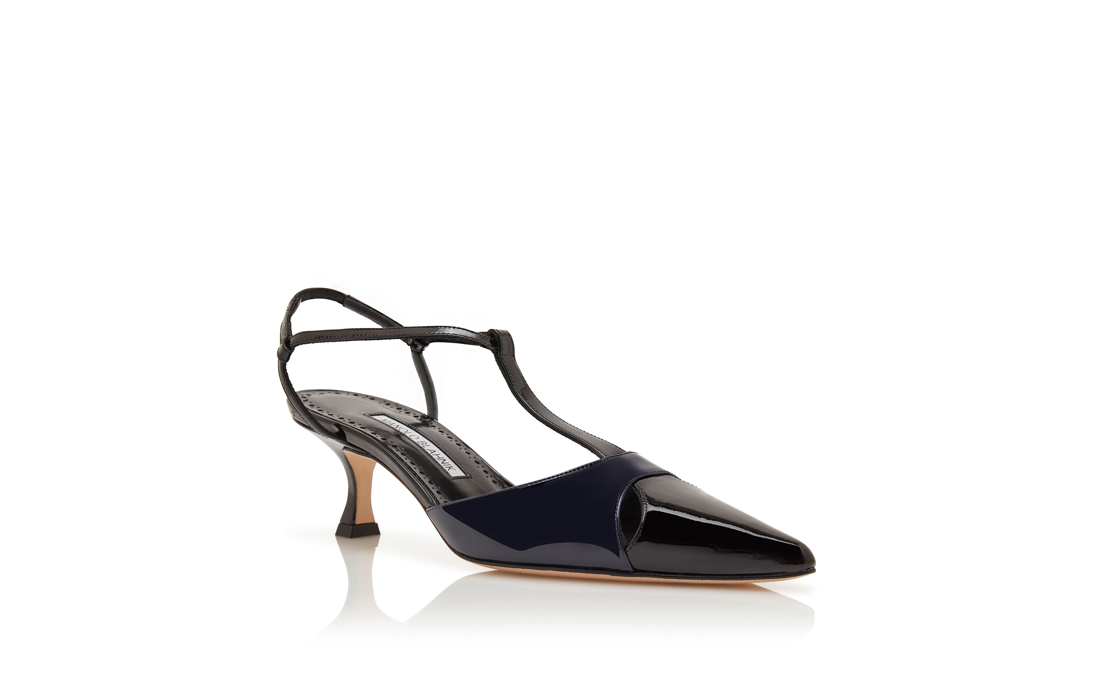 Designer Black and Navy Blue Patent Leather T-Bar Pumps - Image Upsell View