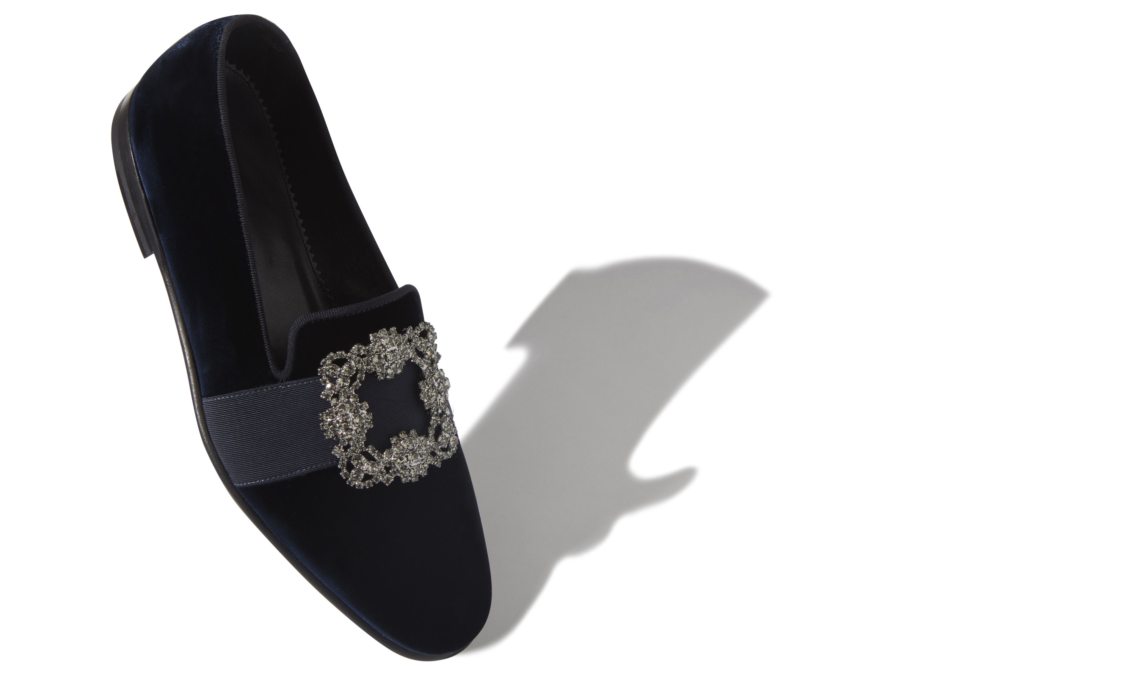 Designer Navy Blue Velvet Jewelled Buckle Loafers - Image Main