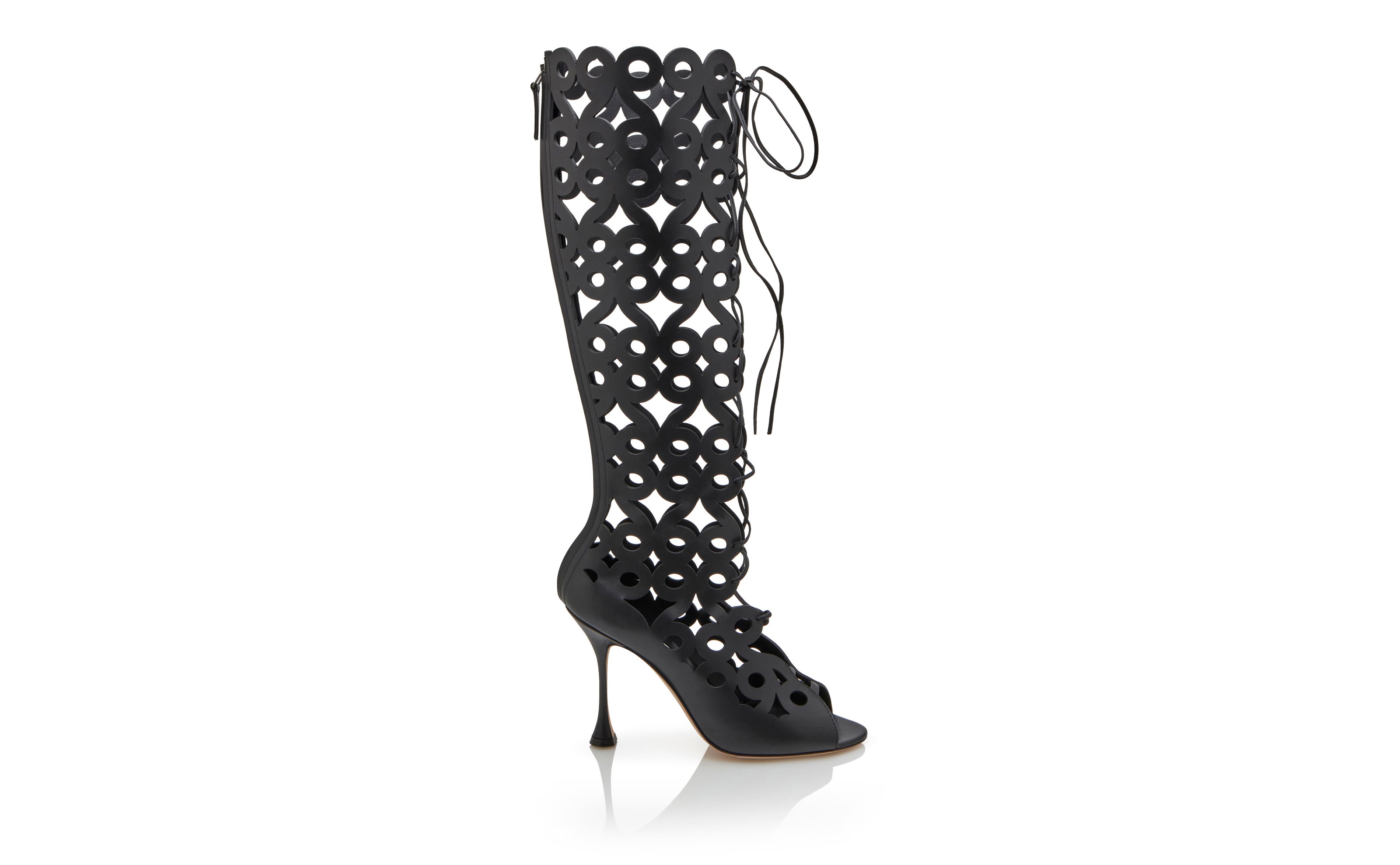 Designer Black Calf Leather Cut Out Knee High Boots - Image Side View