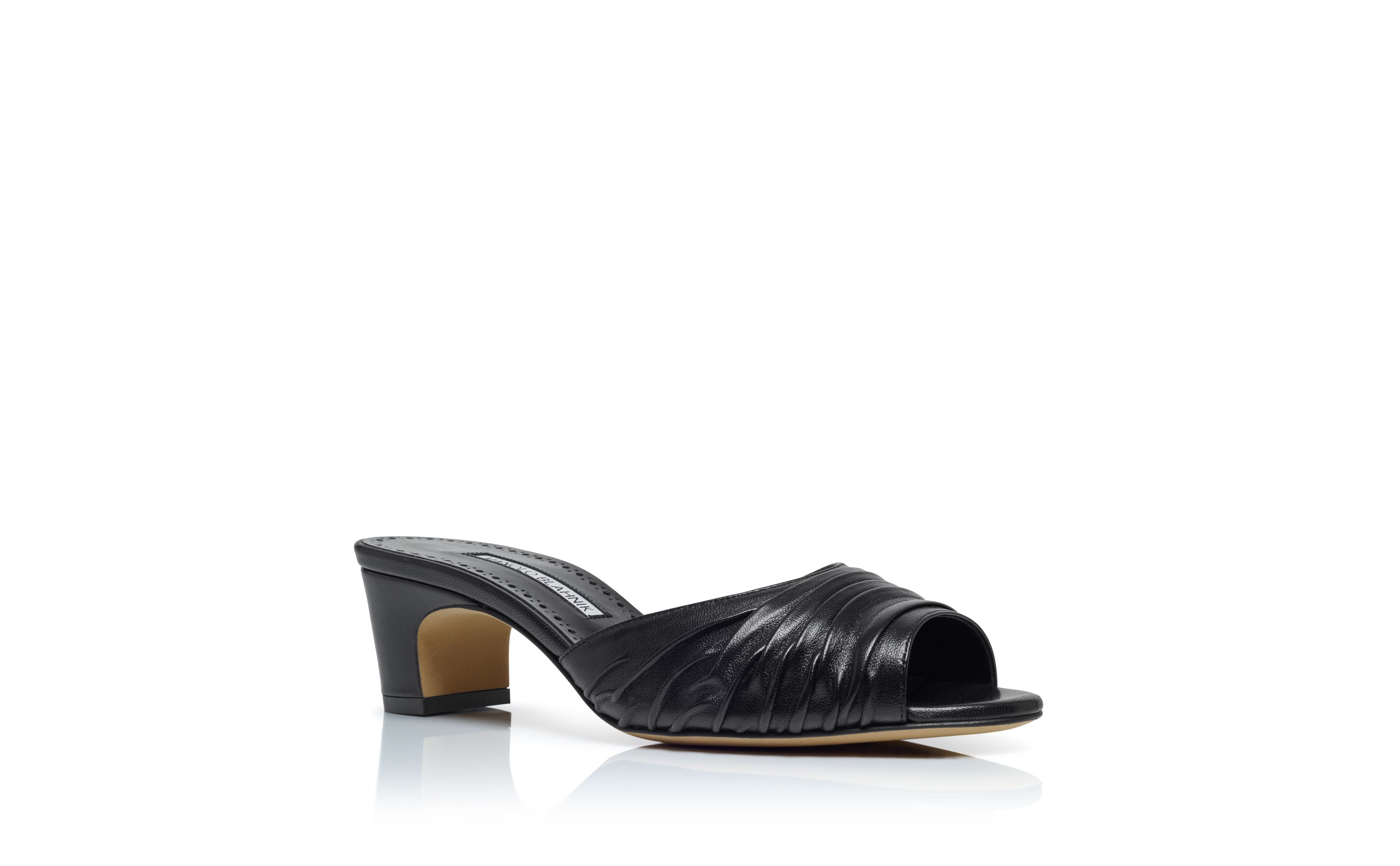 Designer Black Nappa Leather Ruched Open Toe Mules - Image Upsell