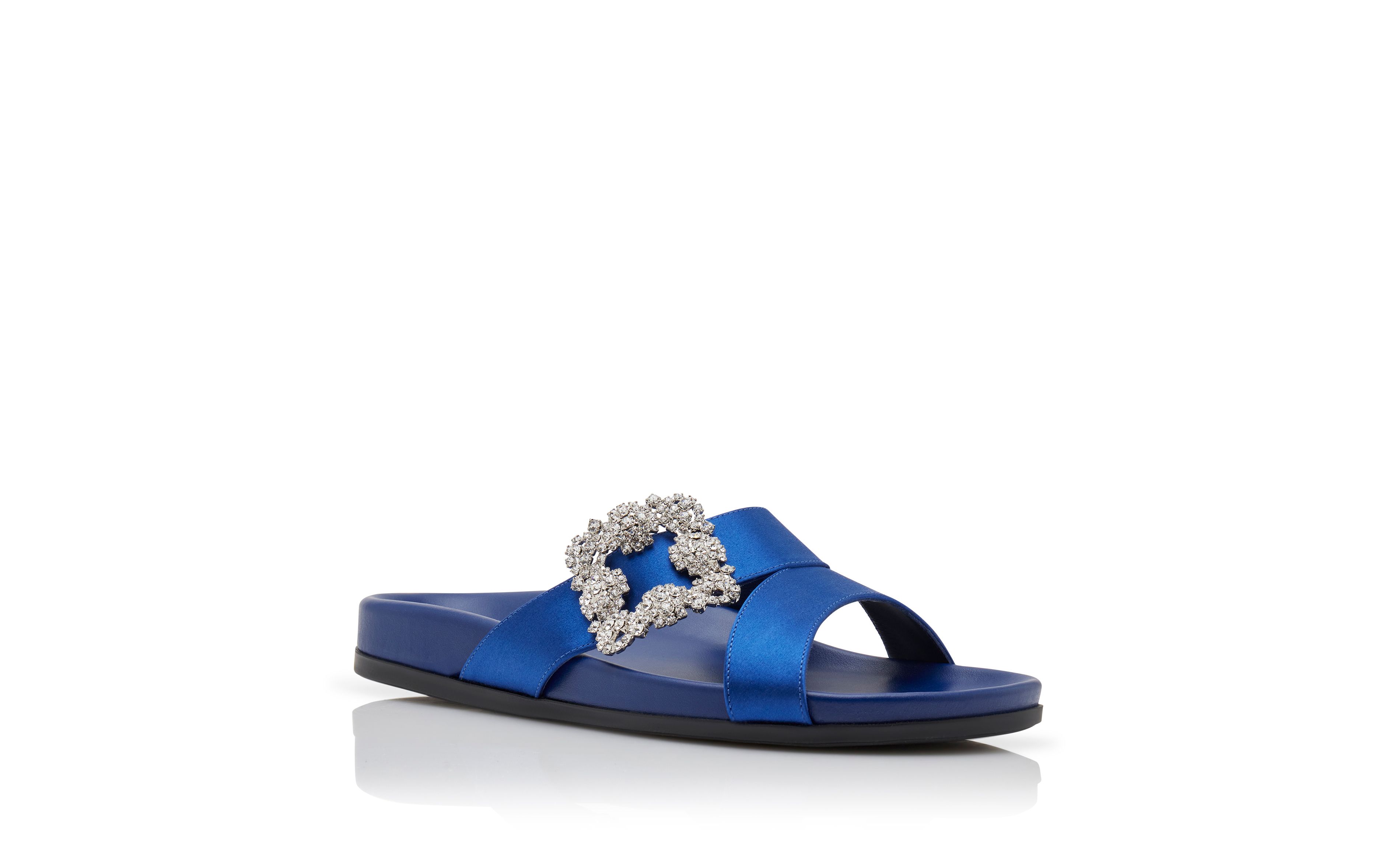 Designer Blue Satin Jewel Buckle Flat Mules - Image Upsell