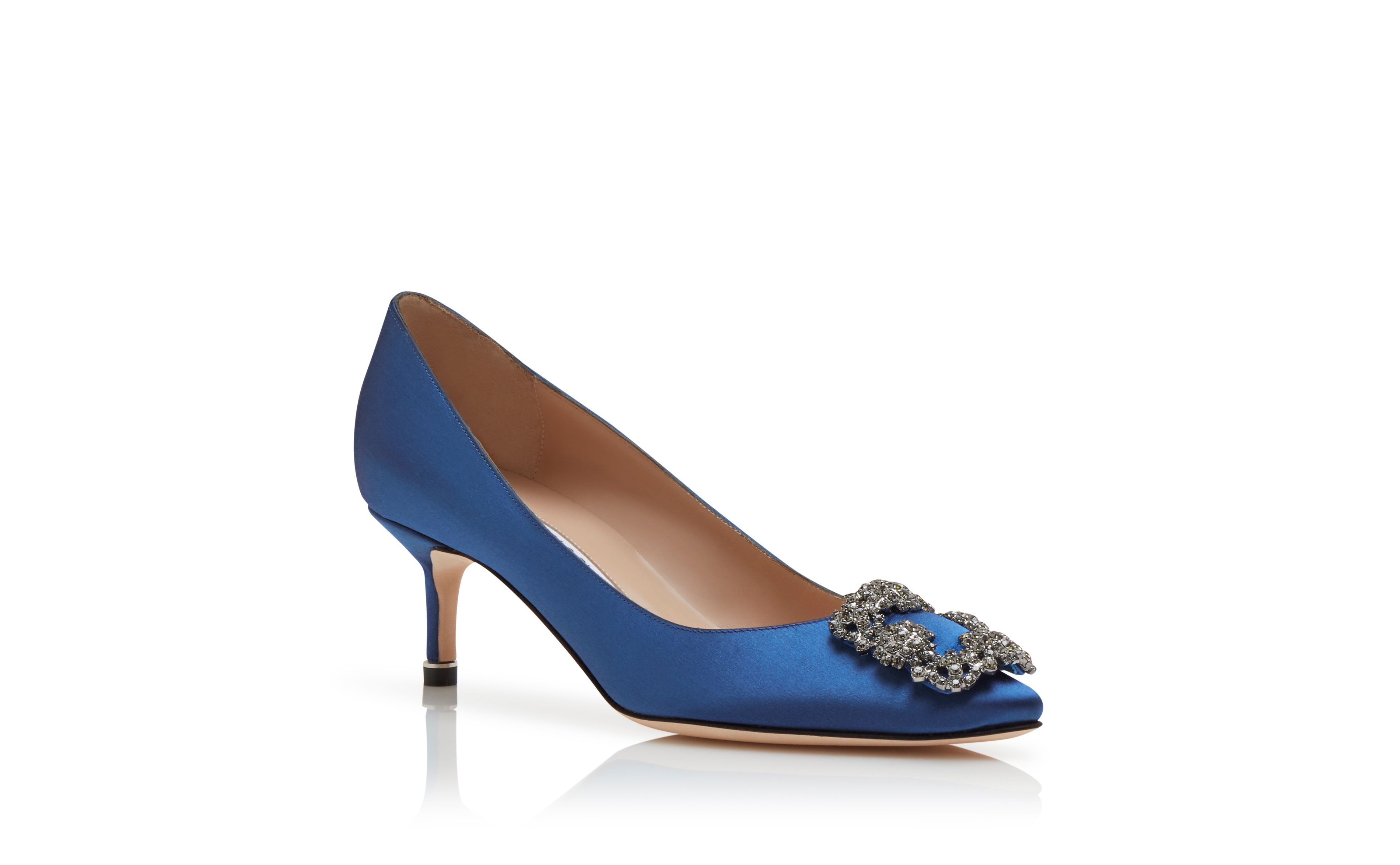 Designer Blue Satin Jewel Buckle Pumps - Image Upsell