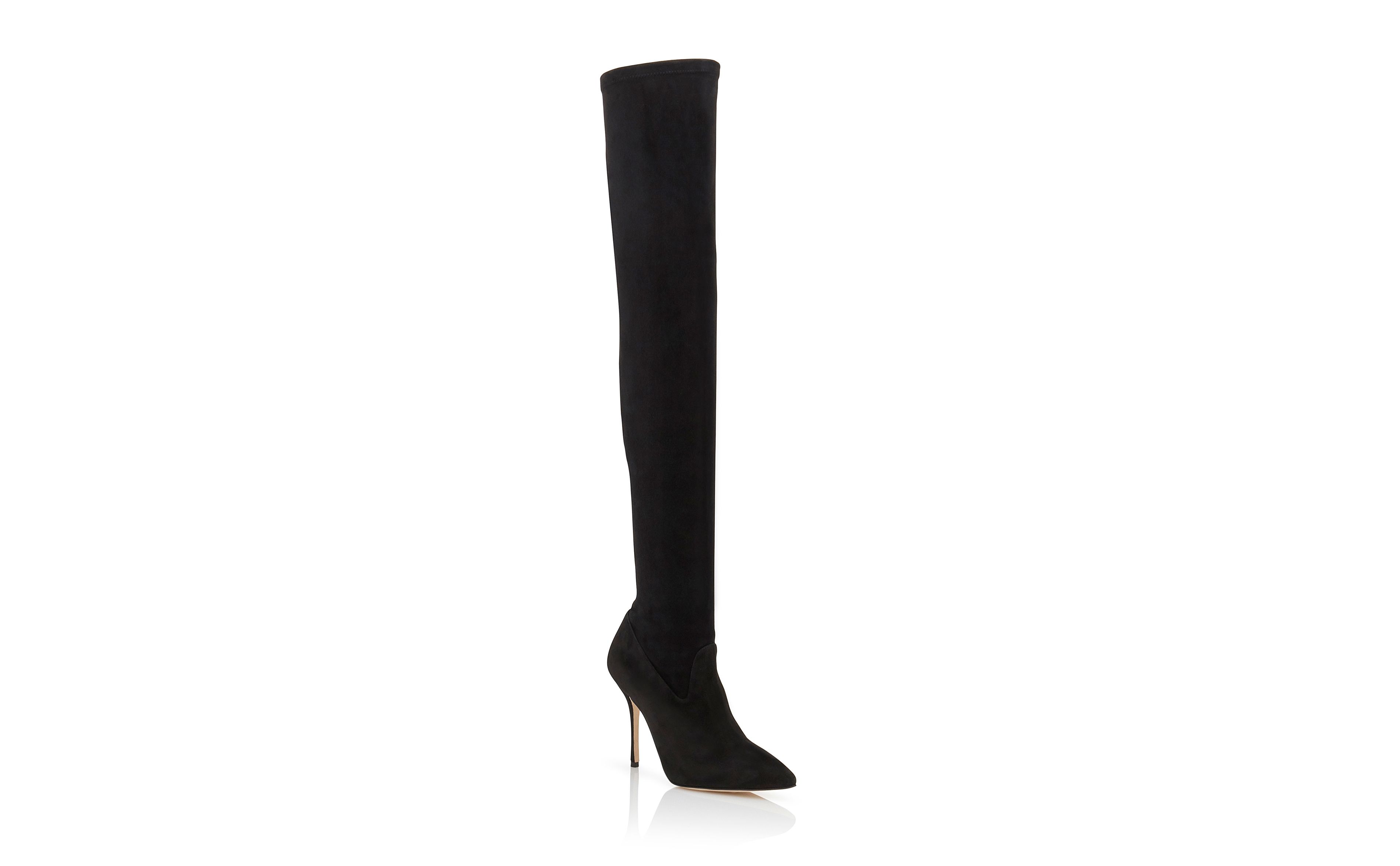 Designer Black Suede Fitted Thigh High Boots - Image Upsell