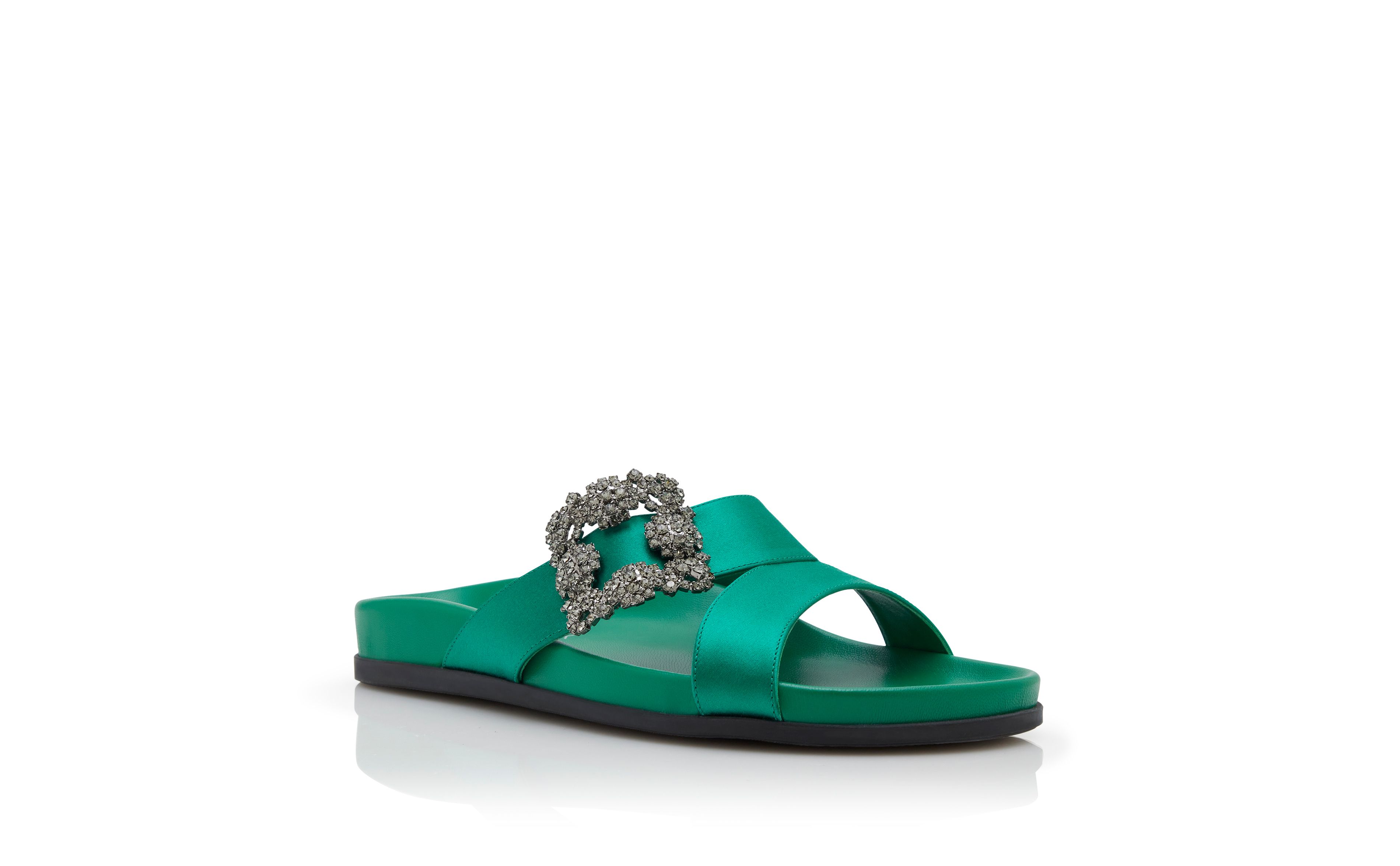 Designer Green Satin Jewel Buckle Flat Mules - Image Upsell