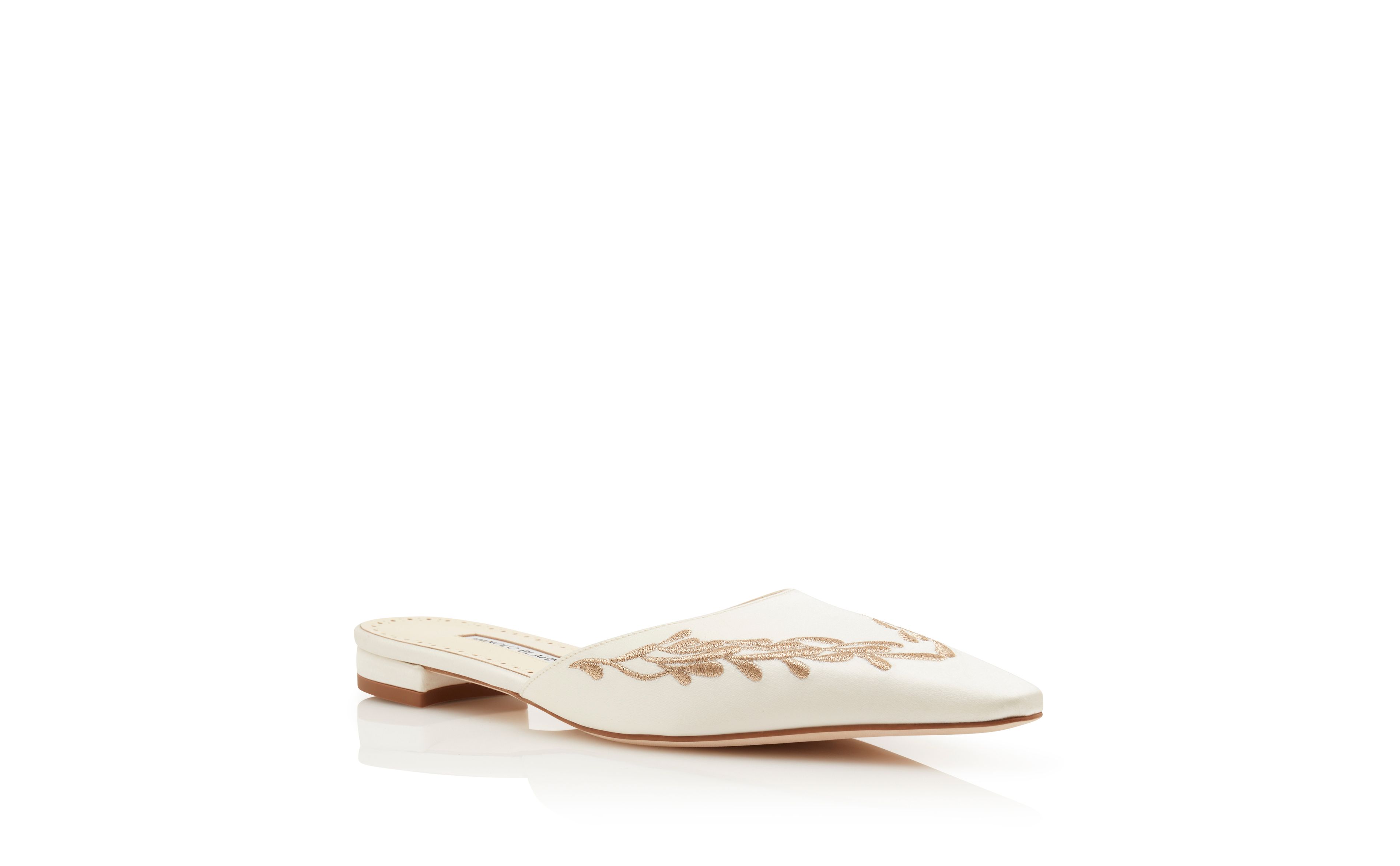 Designer White and Gold Satin Flat Mules - Image Upsell View