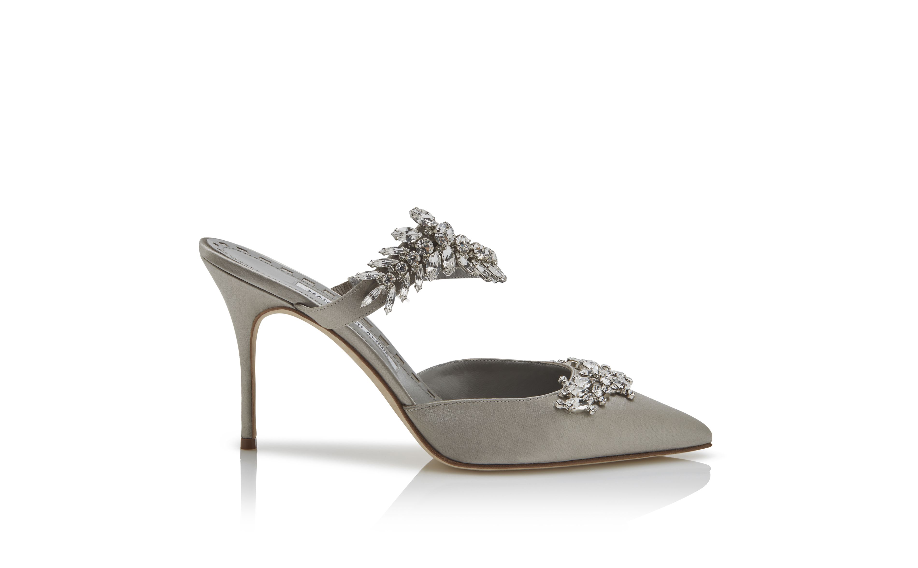 Designer Grey Satin Crystal Embellished Mules - Image thumbnail