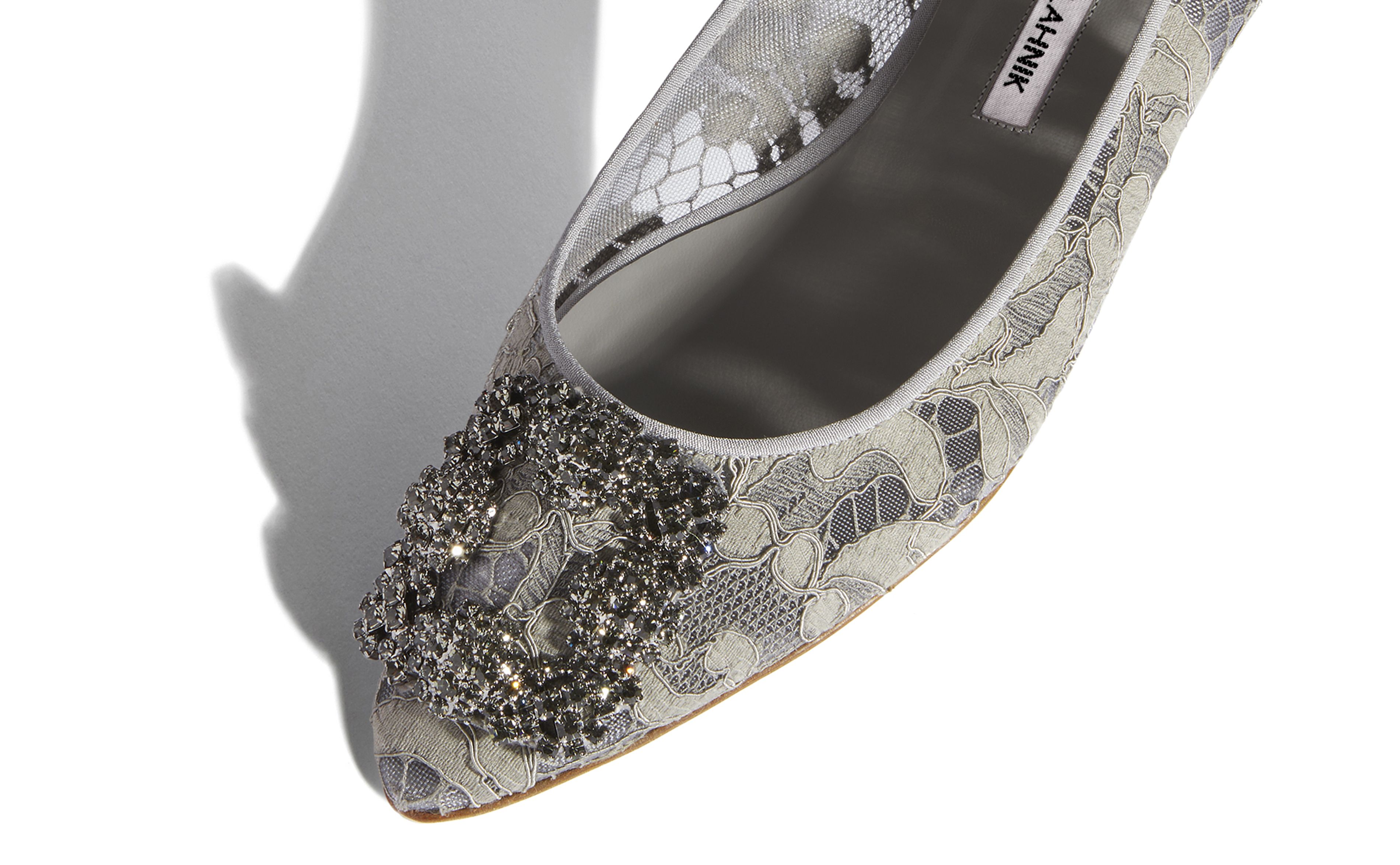 HANGISIFLAT LACE | Grey Lace Jewel Buckle Flat Shoes | Manolo Blahnik
