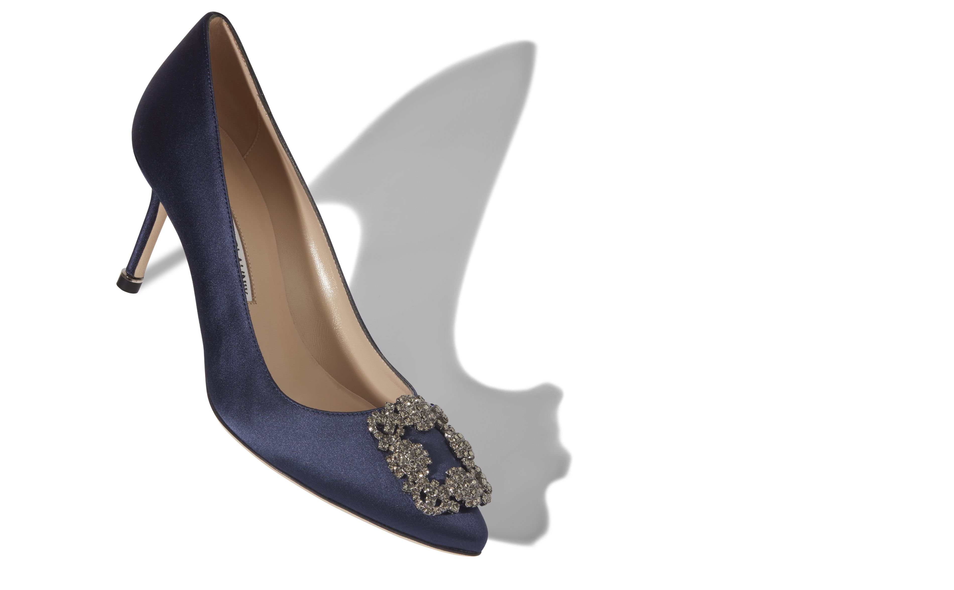 Designer Navy Blue Satin Jewel Buckle Pumps - Image Main