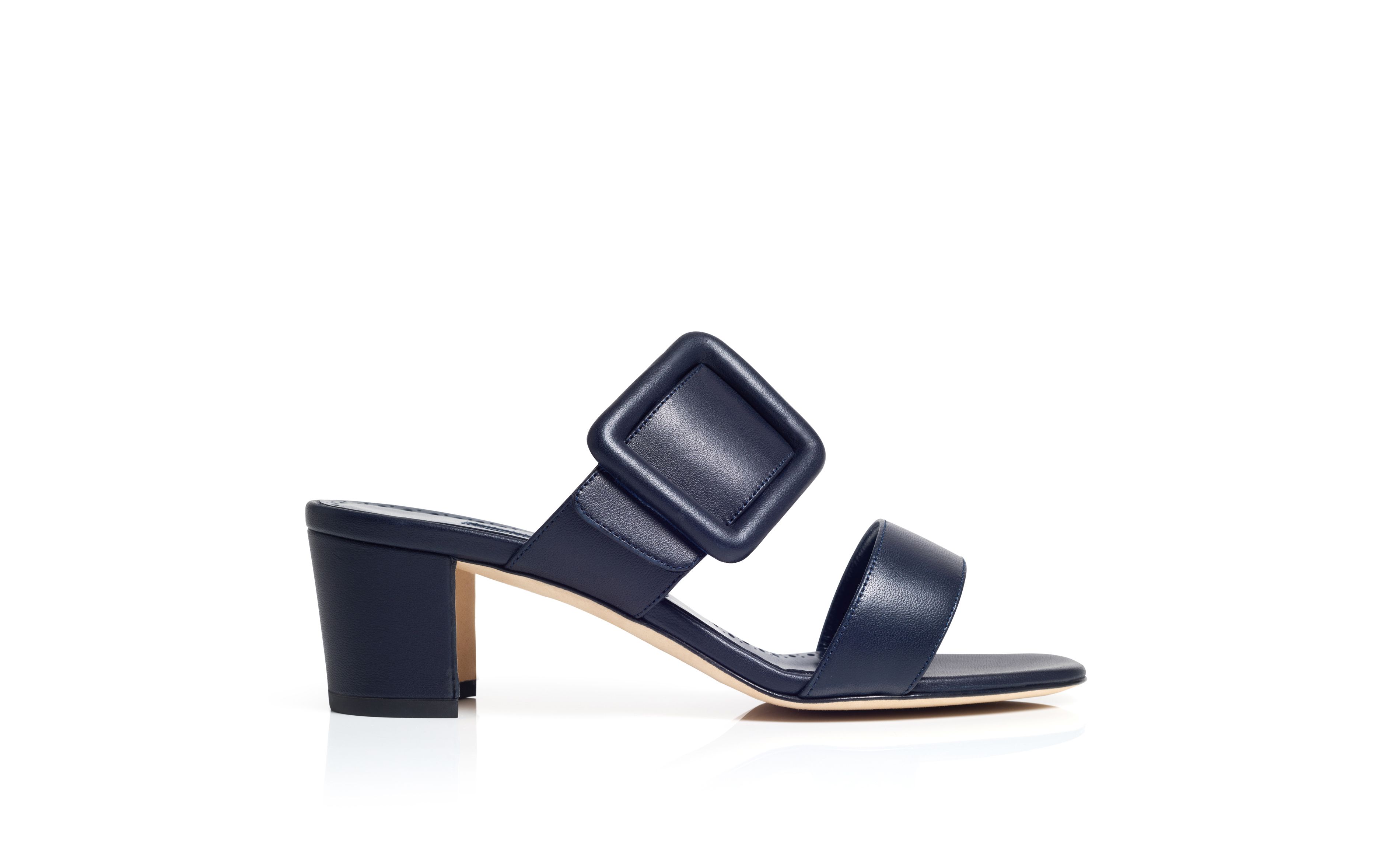 Designer Navy Blue Nappa Leather Open Toe Mules - Image Side View