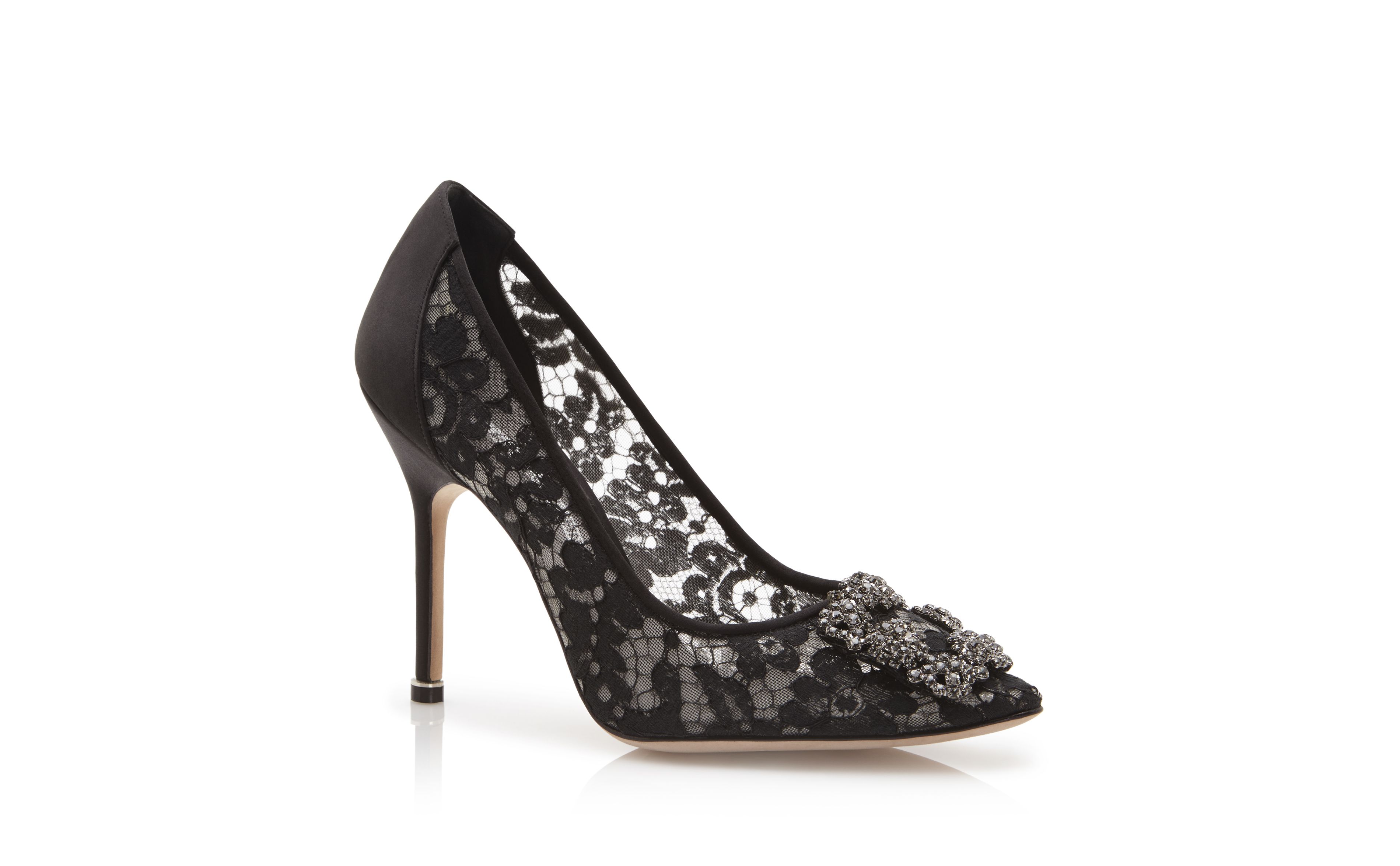 HANGISI LACE | Black Lace Jewel Buckle Pumps | Manolo Blahnik