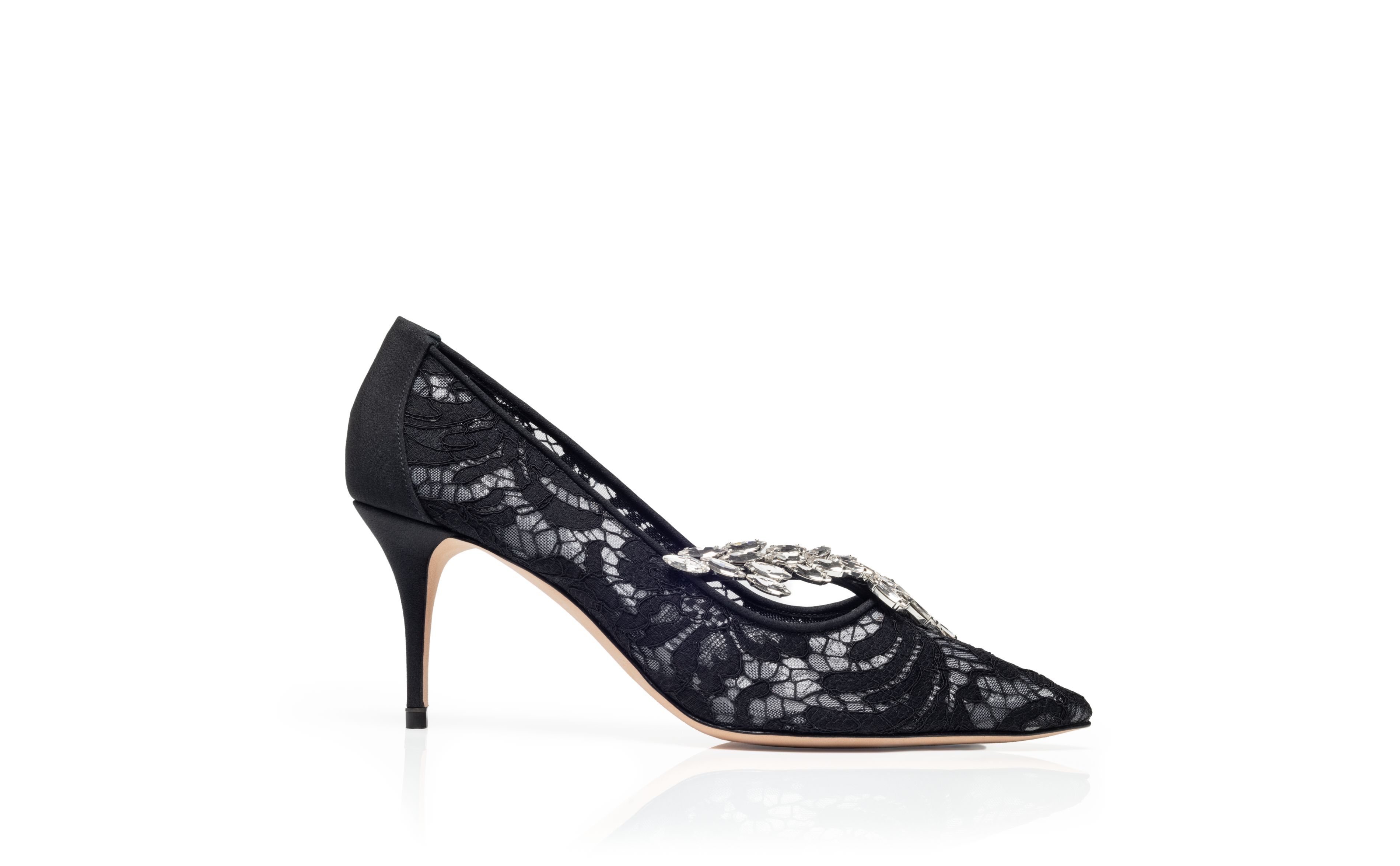 Designer Black Lace Jewel Buckle Pumps - Image Side View