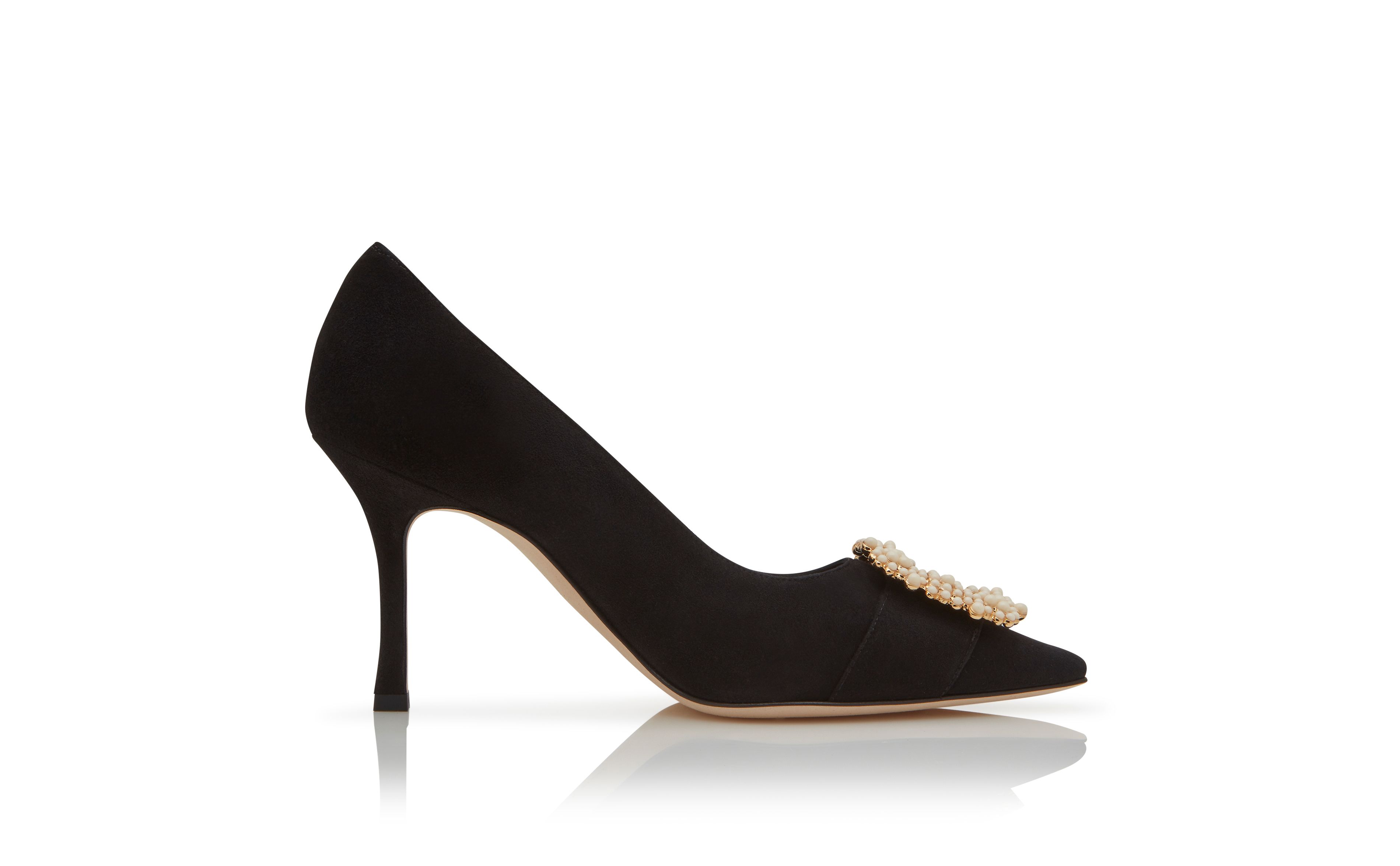 Designer Black Suede Pearl Buckle Pumps - Image Side View