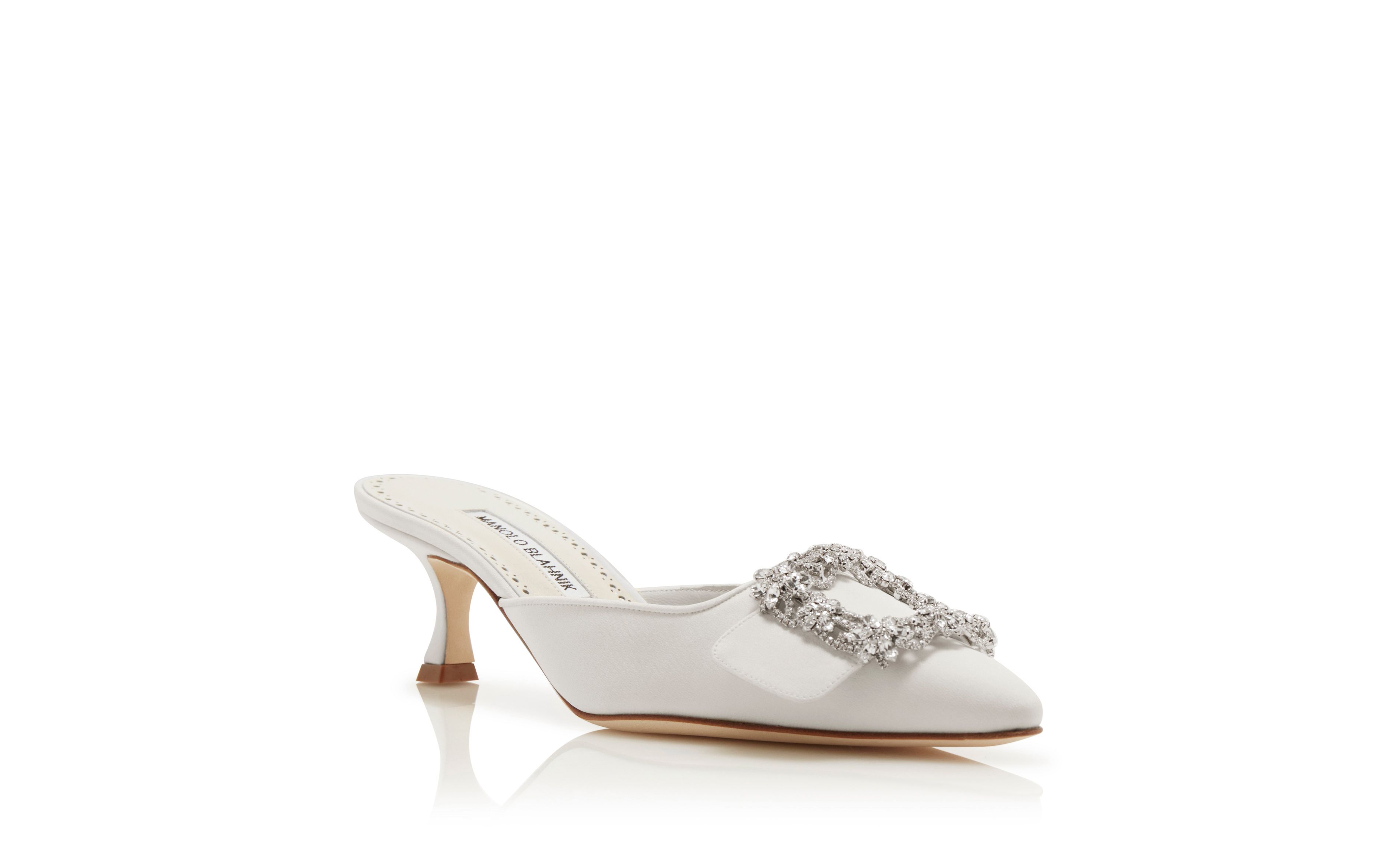 Designer White Satin Crystal Buckle Mules - Image Upsell