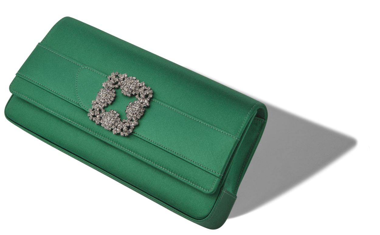 GOTHISI Bright Green Satin Jewel Buckle Clutch Manolo Blahnik