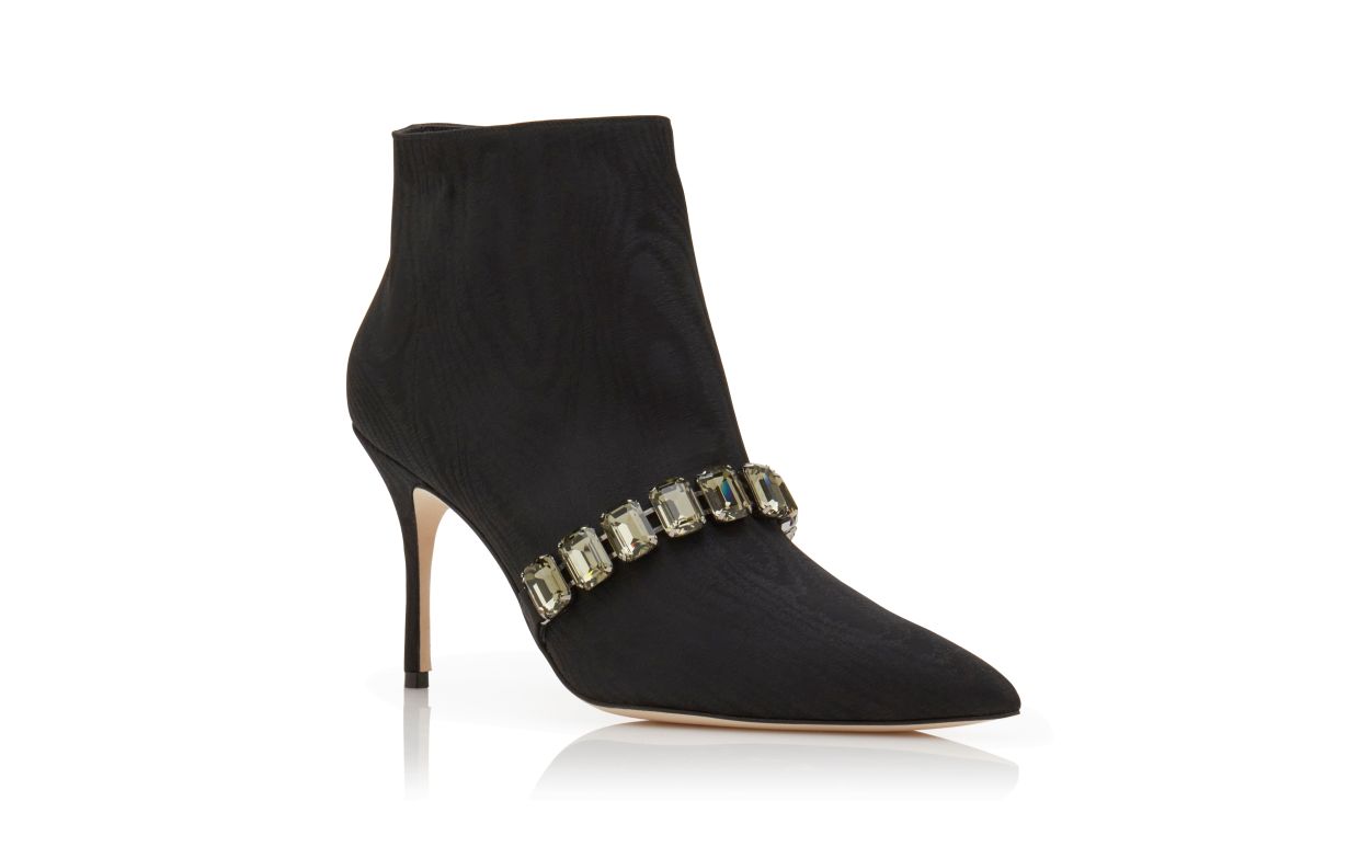 Designer Black Moire Jewel Strap Ankle Boots - Image Upsell