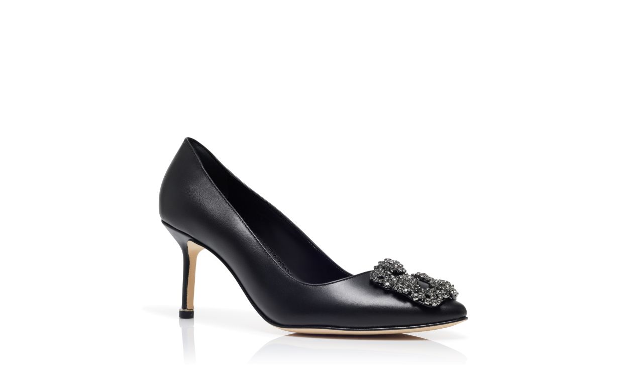 Designer Black Leather Jewel Buckle Pumps - Image Upsell View