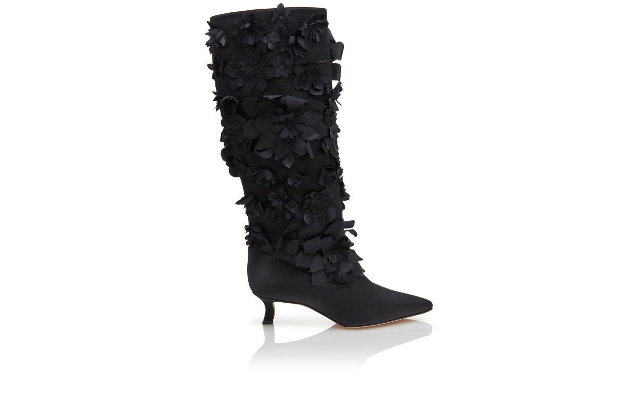 Designer Black Crepe Satin Knee High Boots - Image Side View