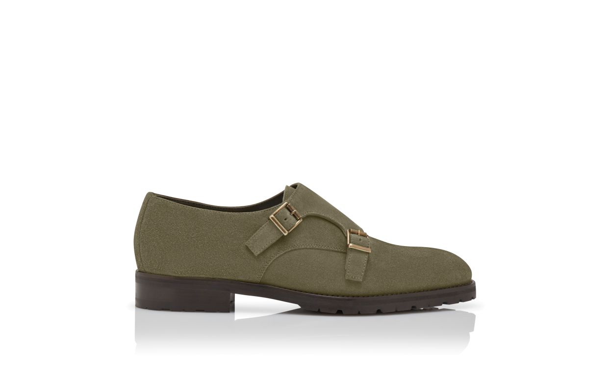 Designer Khaki Green Suede Monk Strap Shoes - Image Side View