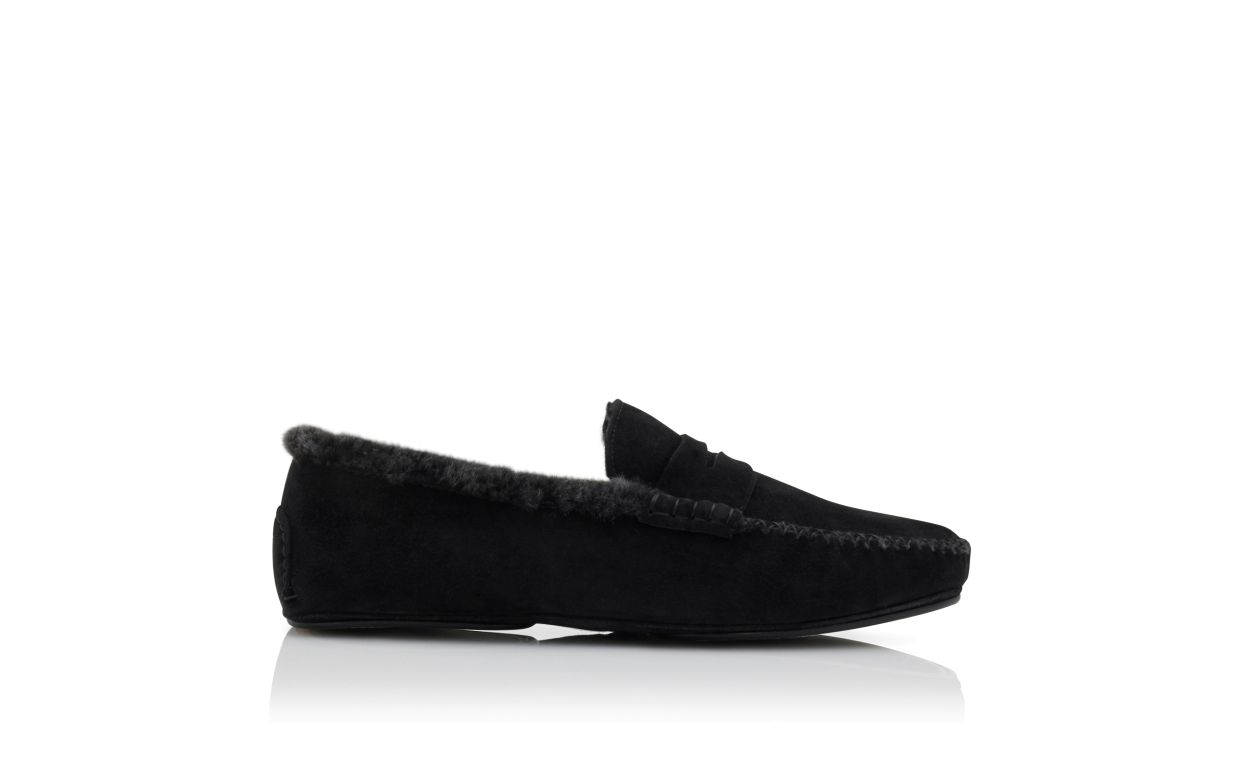 Designer Black Suede Shearling Lined Loafers - Image thumbnail