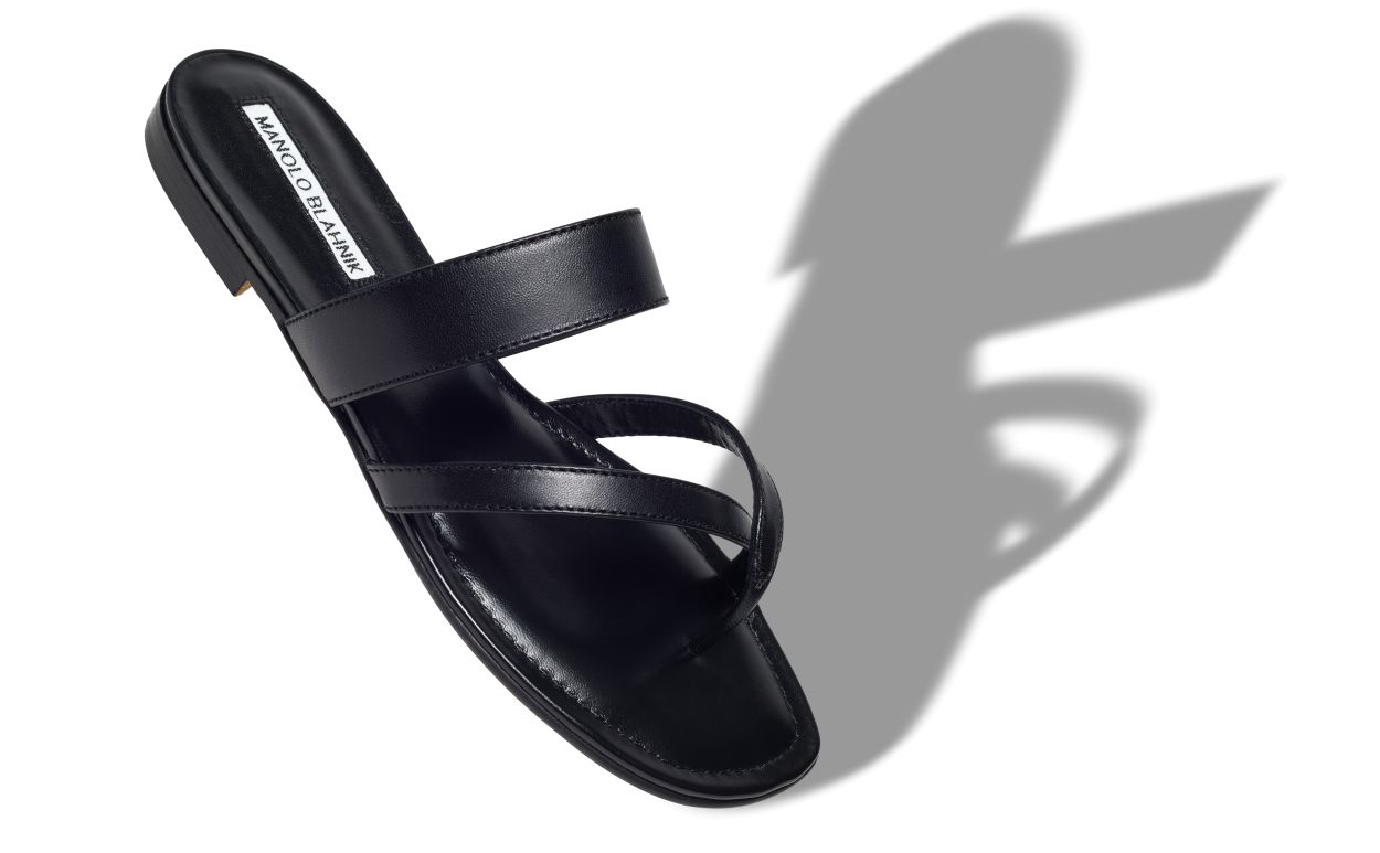 SUSA | Black Nappa Leather Crossover Flat Sandals | Manolo Blahnik