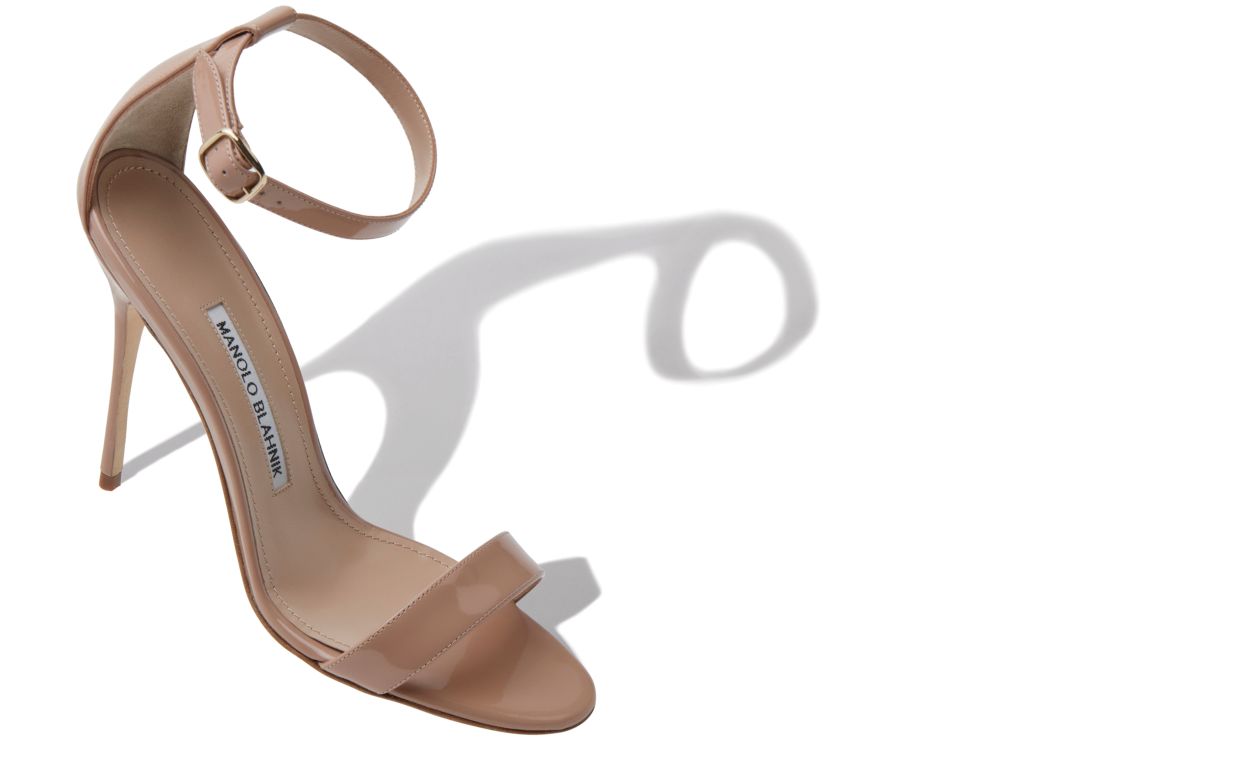 Designer Beige Patent Leather Ankle Strap Sandals - Image Main