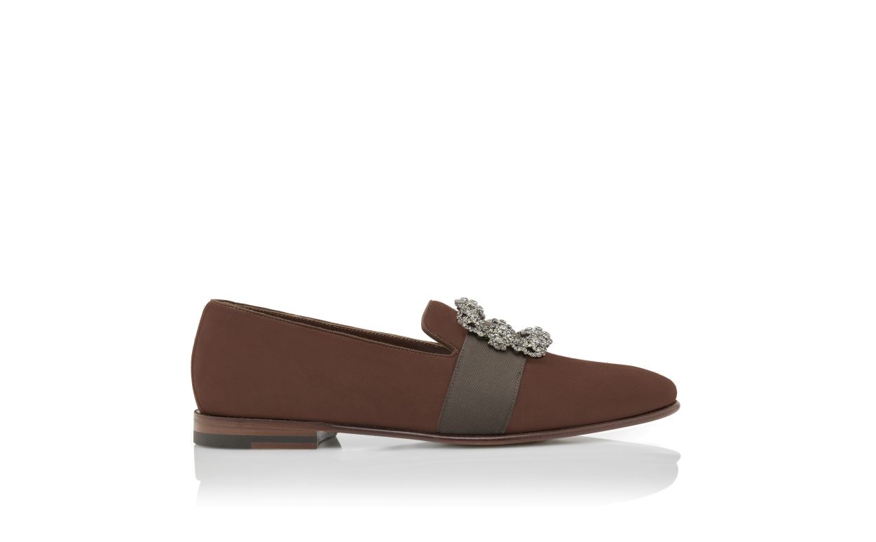 Designer Brown Suede Jewel Buckle Loafers - Image thumbnail
