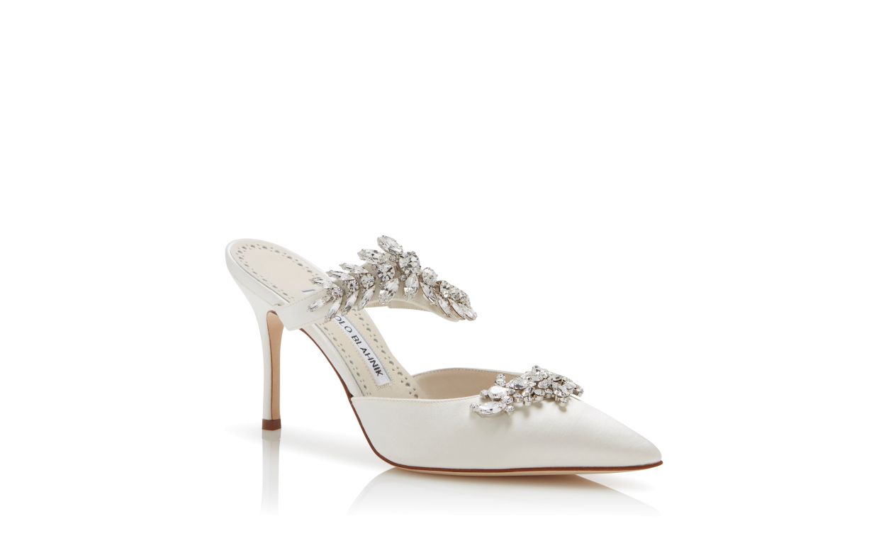 Designer Off-White Satin Crystal Embellished Mules - Image Upsell