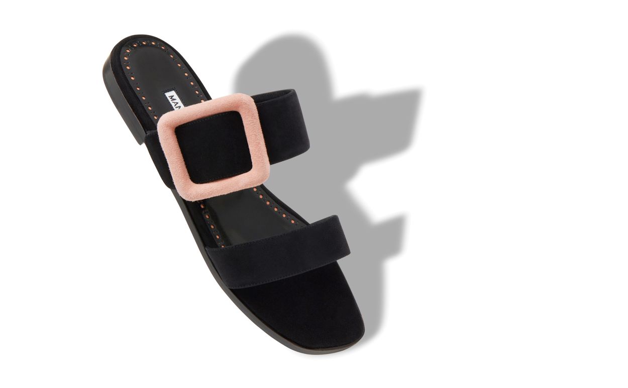 TITUBAFLATBI | Black and Light Beige Suede Buckle Flat Mules