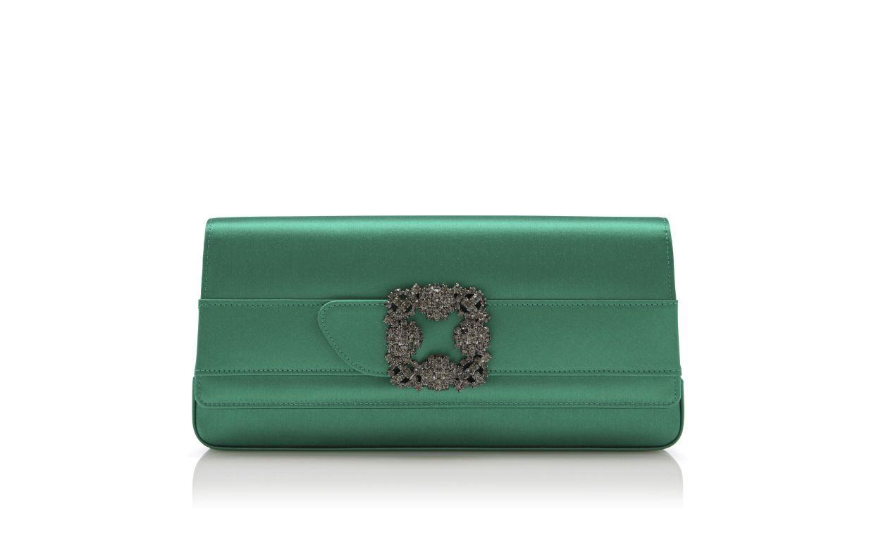 Designer Bright Green Satin Jewel Buckle Clutch - Image Side View