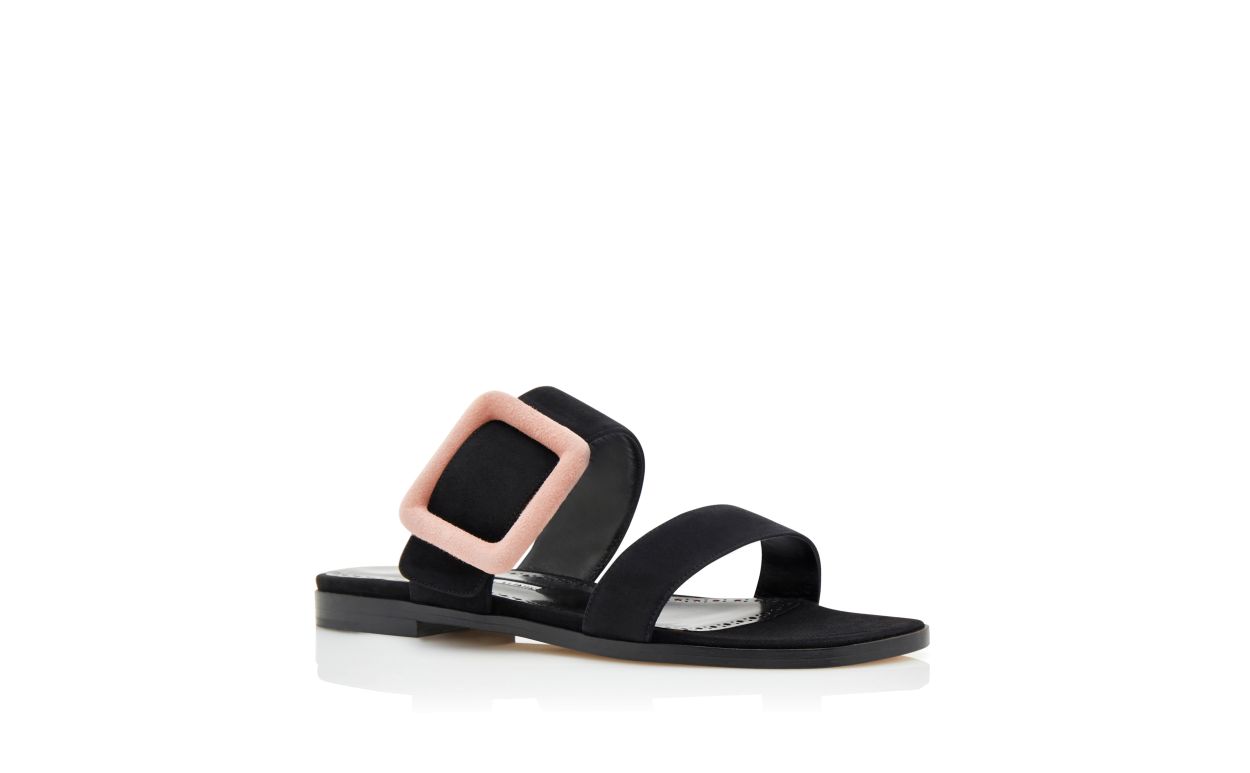Designer Black and Light Beige Suede Buckle Flat Mules  - Image Upsell