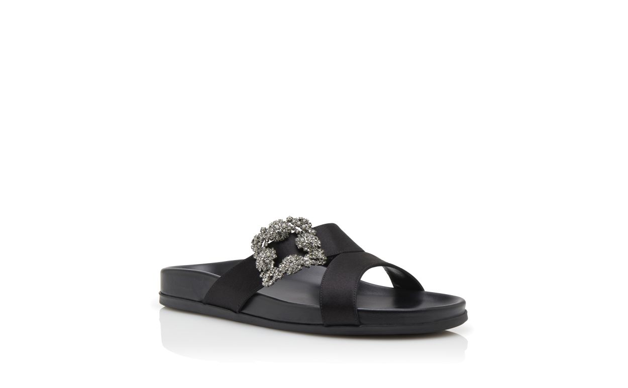 Designer Black Satin Jewel Buckle Flat Mules  - Image Upsell