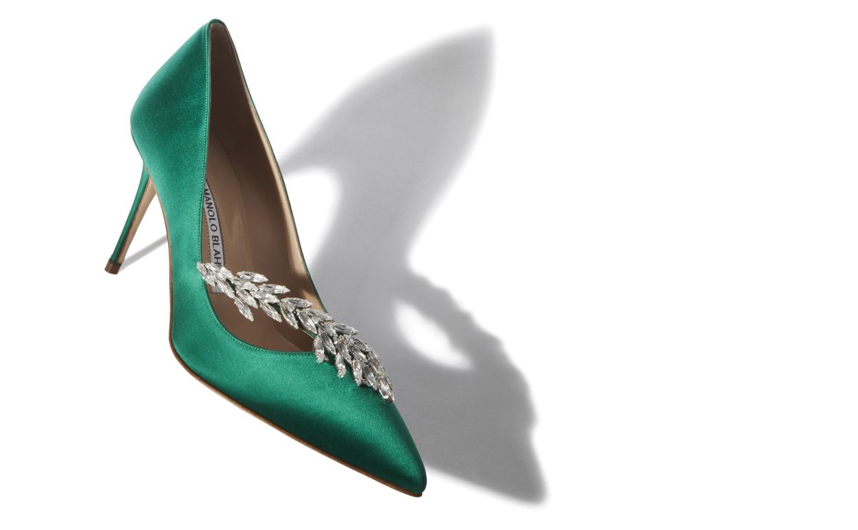 Designer Green Satin Jewel Buckle Pumps  - Image Main