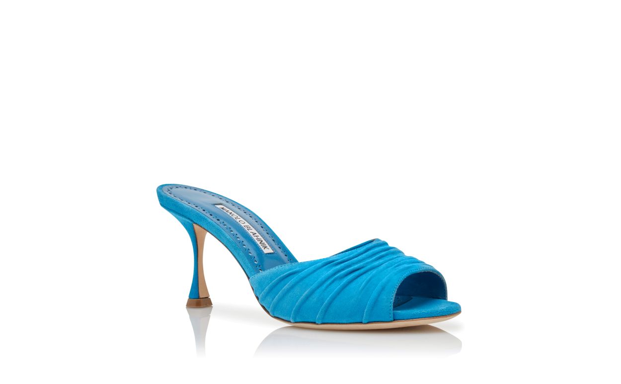 Designer Blue Suede Ruched Open Toe Mules - Image Upsell