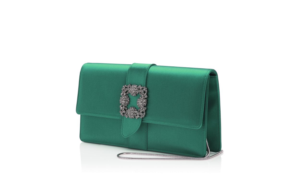 Designer Green Satin Jewel Buckle Clutch - Image 