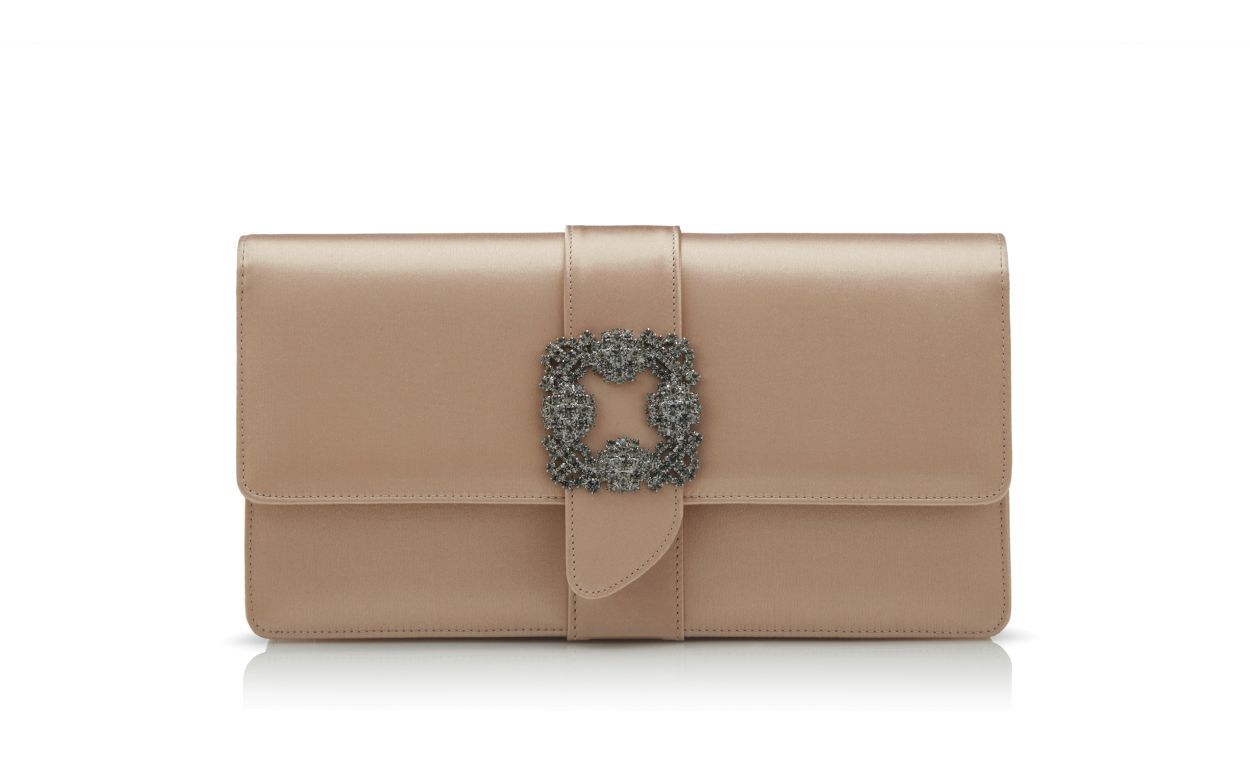 Manolo Blahnik Capri Light Beige Satin Jewel Buckle Clutch