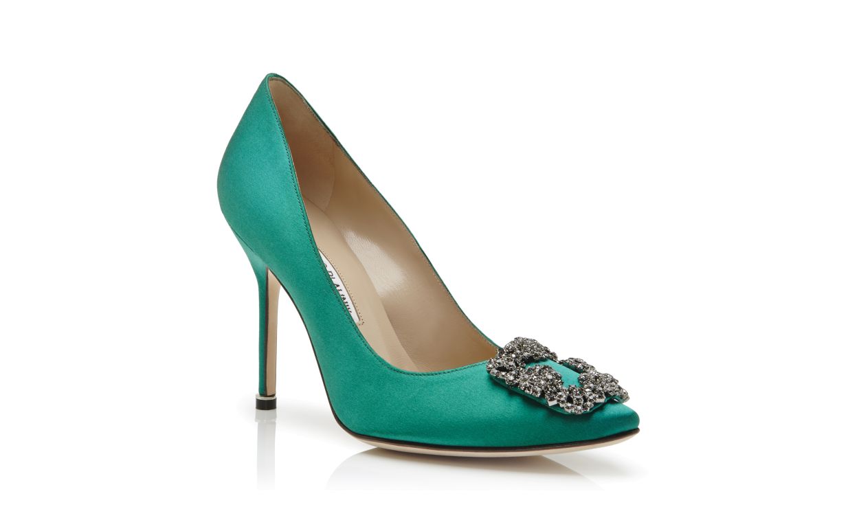 Designer Green Satin Jewel Buckle Pumps - Image Upsell