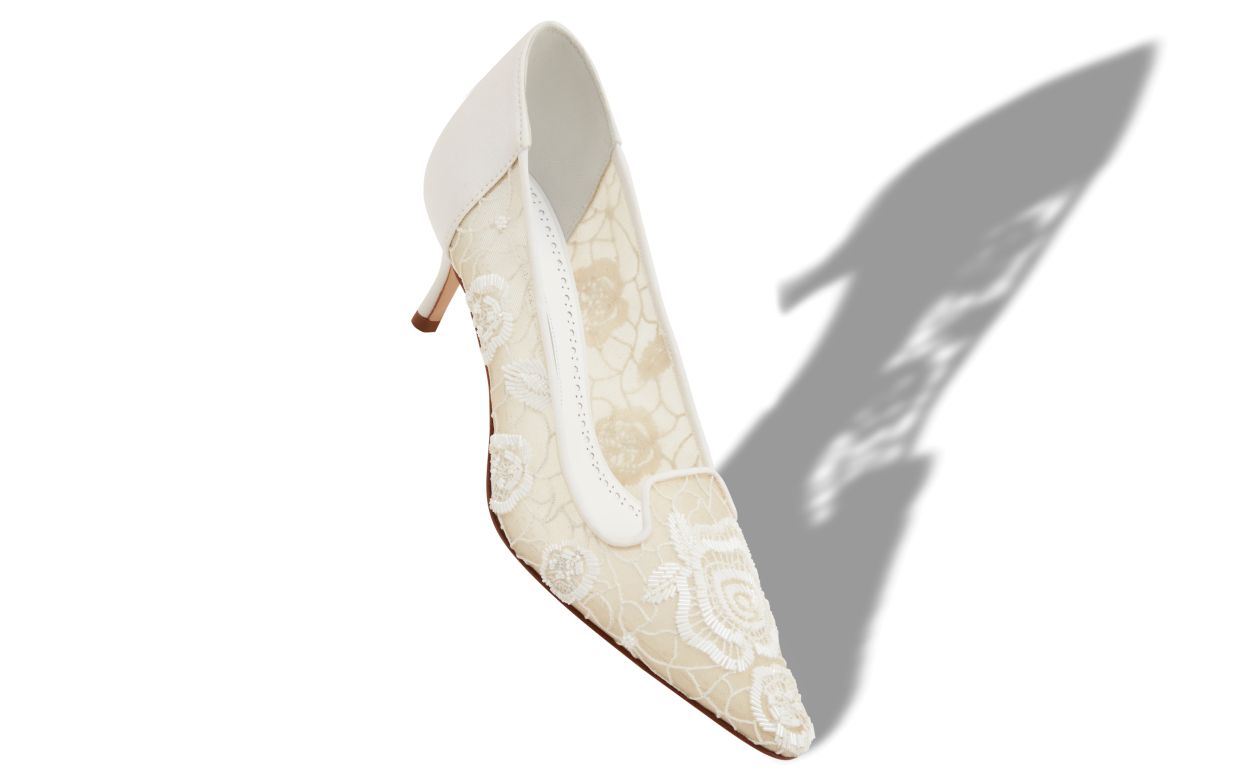Designer White Mesh Floral Detail Pumps - Image small_image