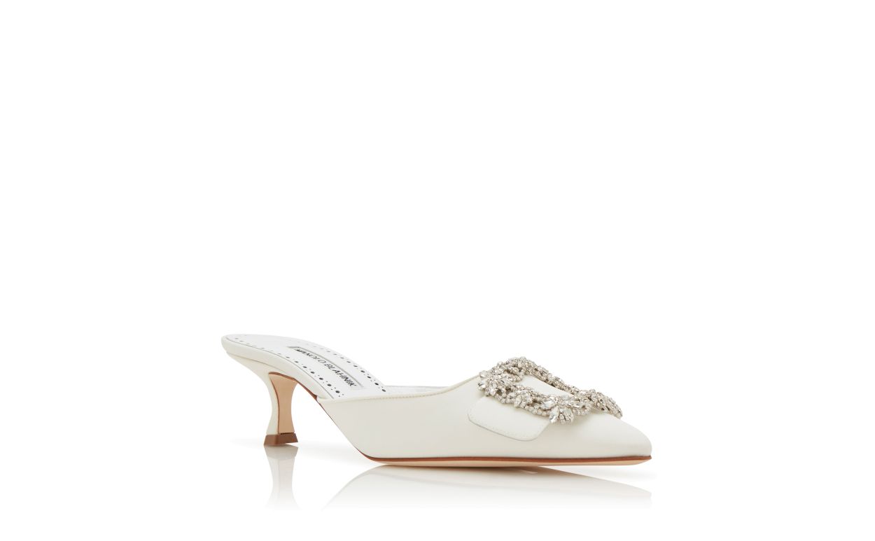 Designer White Crepe de Chine Jewel Buckle Mules - Image Upsell