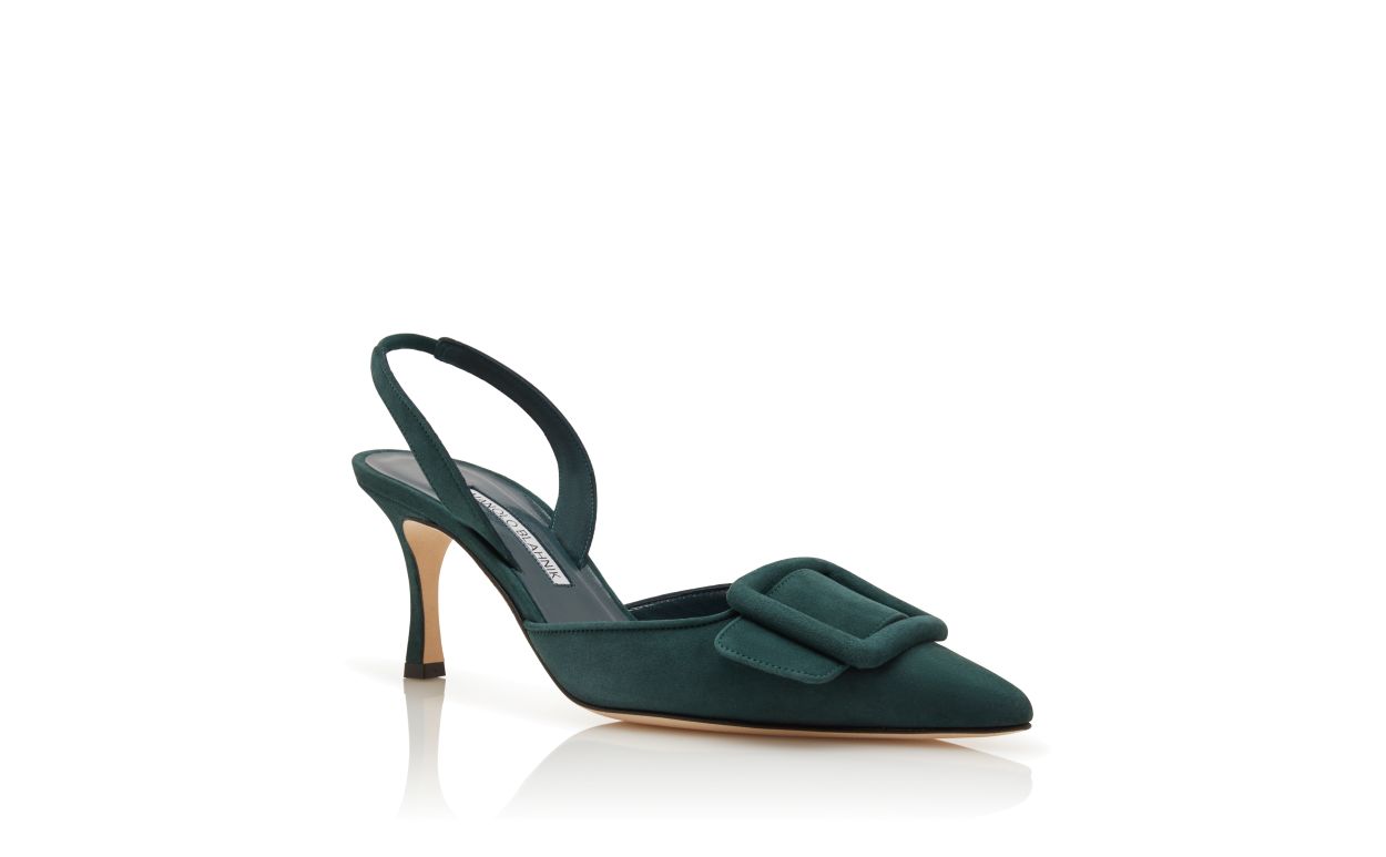 Designer Dark Green Suede Buckle Detail Slingback Pumps - Image Upsell View