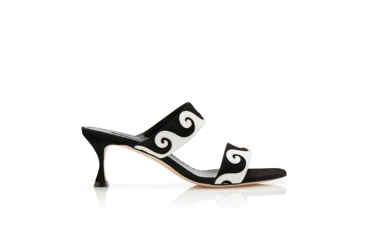 Designer Black and White Suede Swirl Detail Mules - Image Side View
