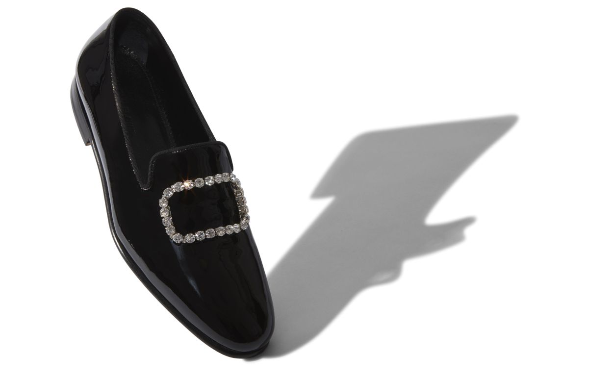 Designer Black Patent Leather Jewel Buckle Loafers - Image Main