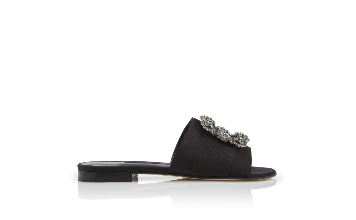 Designer Black Satin Jewel Buckled Sliders - Image Side View