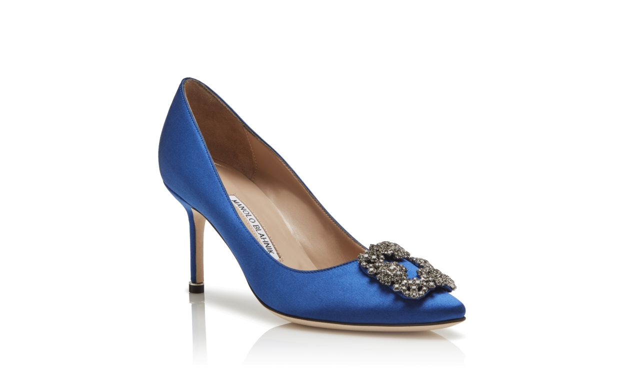 Designer Blue Satin Jewel Buckle Pumps - Image Upsell