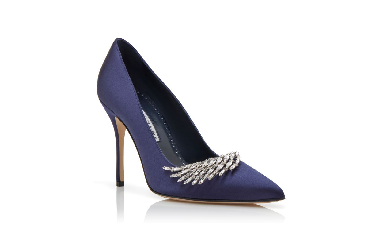 PLUMA | Navy Blue Satin Jewel Embellished Pumps | Manolo Blahnik