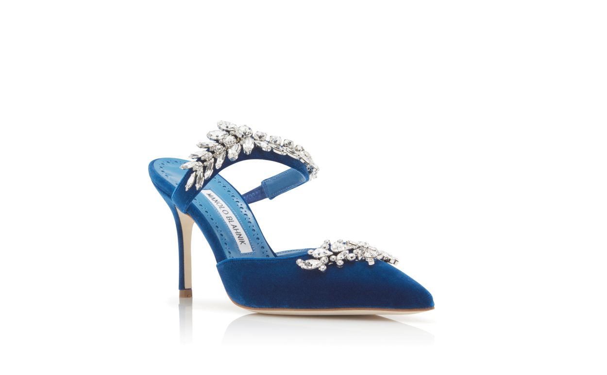 Designer Bright Blue Velvet Crystal Embellished Mules - Image Upsell