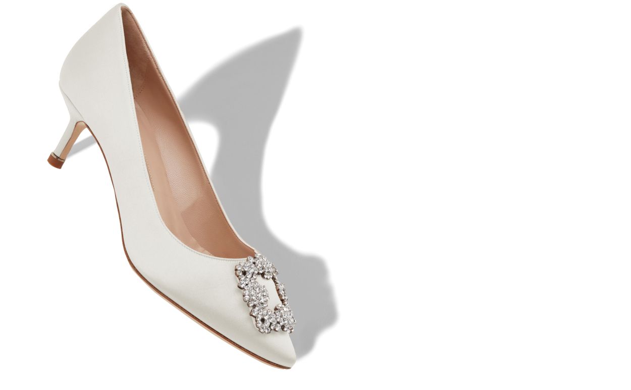 Designer Light Cream Satin Jewel Buckle Pumps - Image Main