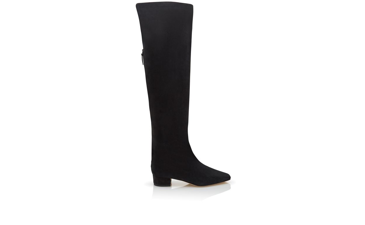 Designer Black Suede Knee High Boots - Image Side View