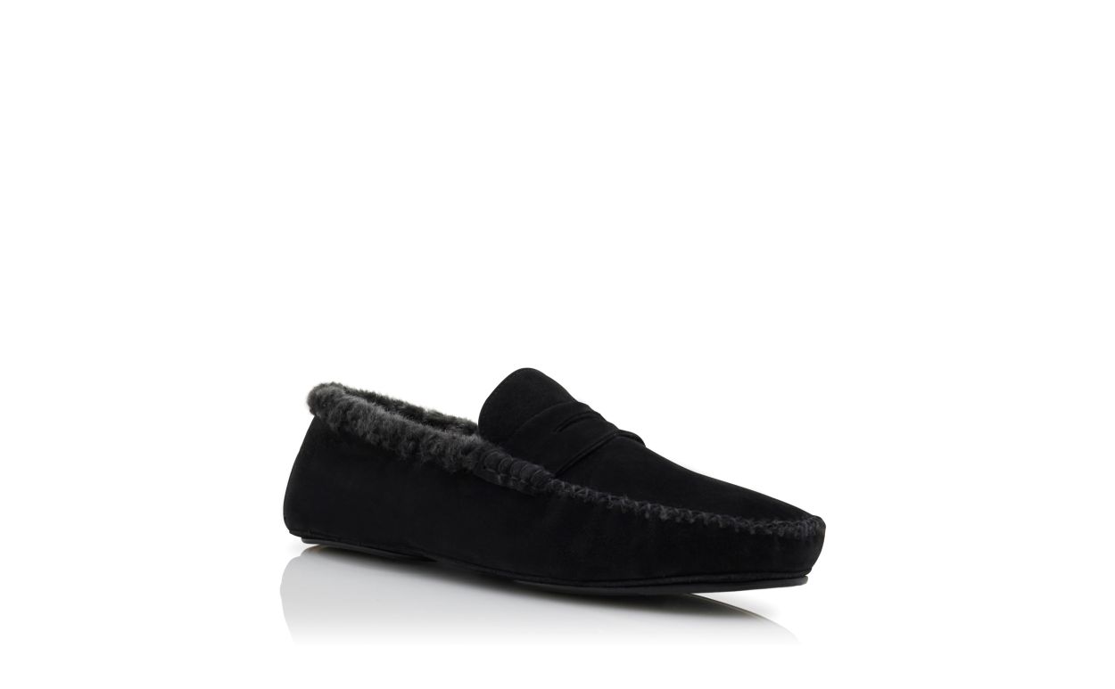 Designer Black Suede Shearling Lined Loafers - Image Upsell
