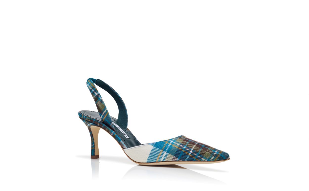 Designer Blue Wool Tartan Slingback Pumps - Image Upsell View